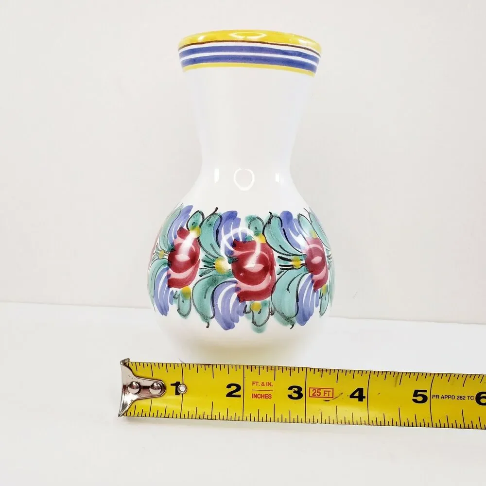 Italian Pottery Floral Vase Pink Flowers Yellow Blue Stripes Tuscan Old World